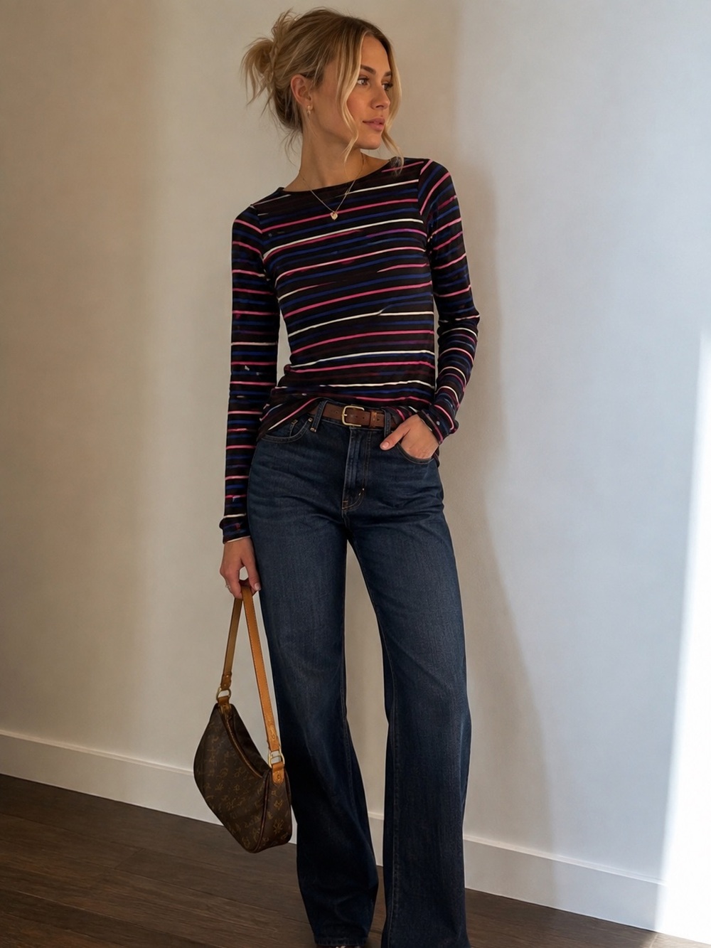 Fat Face Black Long Sleeve Tee with Pink, Blue & Cream Stripes